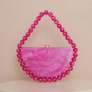 Pink acrylic marble clutch bag with beaded handle elegant evening party handbag for women