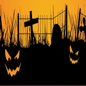 Διακοσμητικό banner φόντου πάρτι Halloween με τρομακτικό νεκροταφείο και κολοκύθα.