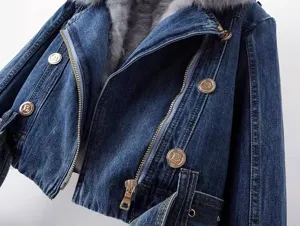 Korte spijkerjas dames winter nepbont kraag warme dikke pluche voering stijlvolle jas