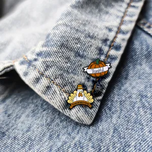 Thanksgiving pumpkin and turkey enamel brooch pins, original holiday apparel accessories badge.