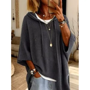 Women Casual Solid Color Loose Hooded Knit Sweater Short Batwing Sleeve Pullover Oversized Knitwear Top