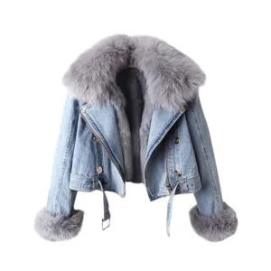 Dames korte spijkerjas met pluche nepbont kraag en manchetten herfst winter warme jas bovenkleding