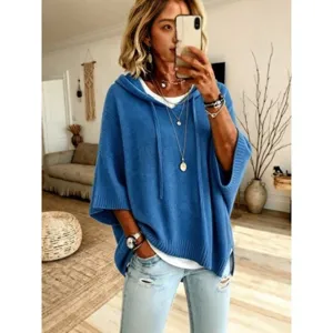 Casual blue hooded knit sweater for women, loose short sleeve pullover top main wear.