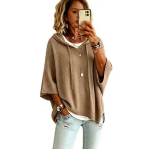 Casual women knit hooded short sleeve sweater solid color pullover top for daily wear fashion