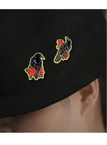 Gothic raven and rose enamel pin set, dark style crow brooch for clothes and hat decor.