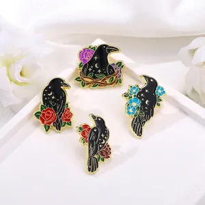 Gothic Original Crow Brooch Alloy Drip Oil Starry Sky Raven Pin Red Rose Flower Dark Style Clothing Decor Jewelry Gift
