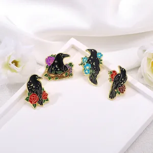 Gothic dark style raven and flower enamel brooch pins set, creative alloy badge accessories.