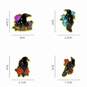 Original black crow enamel pin gothic flower starry badge metal brooch clothing decor