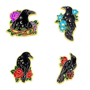 Gothic raven enamel pins set with celestial star moon and floral rose motifs for clothing decor.