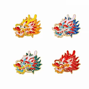 Traditional Chinese dragon enamel brooch alloy badge in four colorful styles with dimensions.