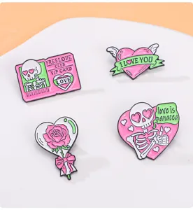 Pink heart skeleton enamel pin set, cute gothic metal brooch badges for clothes decoration
