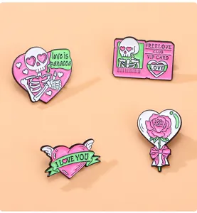 Original pink heart skeleton brooches gothic style metal enamel pins clothing badge set
