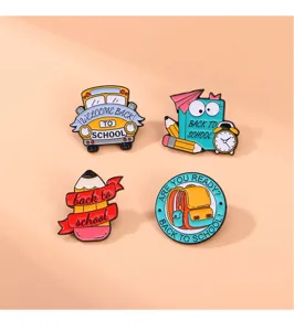 Detailed shot of cute school bus, book, pencil and backpack enamel pins, back to school design.