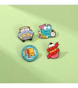 Set of 4 back to school enamel pins featuring cute bus, book, backpack and pencil designs.