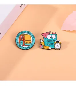 Cute school season enamel pin set, cartoon backpack and book badge accessories for backpacks.