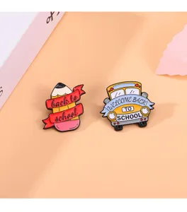 Cute school bus and pencil enamel pins, creative alloy lapel badges for back to school.