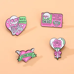 Cute pink skeleton heart enamel pins and gothic brooch badges for clothing decoration.