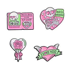 Cute pink gothic skull enamel pin set featuring heart love valentine metal brooch badge