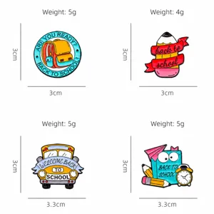 Back to school enamel pin set, cute alloy backpack and pencil bus brooch badges for kids.