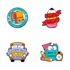 Back to school enamel pin set, cute cartoon backpack pencil school bus badge brooches.