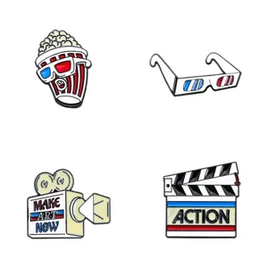 Cute movie theater enamel pins set popcorn camera 3D glasses metal badge fashion accessories