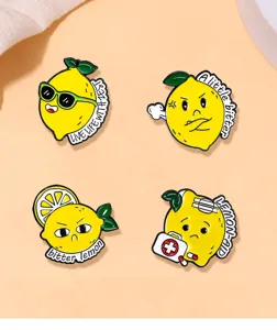 Cute cartoon lemon enamel pin set, creative metal alloy brooch badges for clothes bags 4pcs
