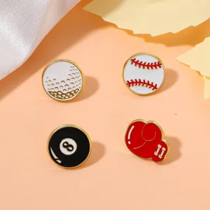 Cute sports enamel pins set featuring golf, baseball, 8-ball, and boxing glove designs.