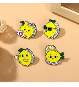 Cute cartoon lemon enamel pin set, creative zinc alloy lapel badge for clothes.
