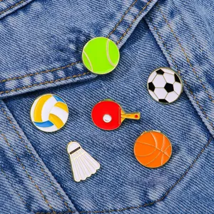 Cute sports enamel pins set, cartoon football basketball tennis badminton brooches for cloth decor