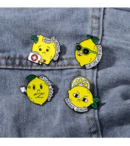 Cute cartoon lemon enamel pins set, funny fruit metal brooches for clothes backpacks accessories.