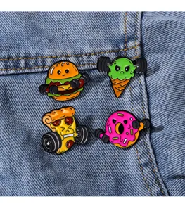Süße Cartoon Lebensmittel Emaille Broschen Set mit Burger, Pizza, Eis und Donut Motiv.