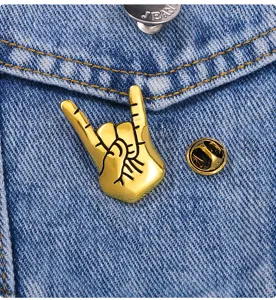 Gold rock hand gesture enamel brooch metal pin fashion denim jacket accessory badge retro