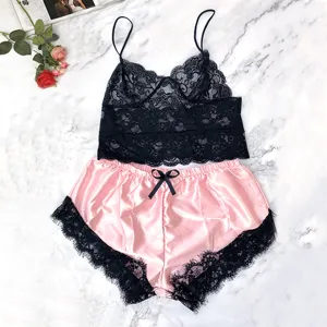 Damen sexy spitze camisole und satin shorts schlafanzug zweiteiliger loungewear set