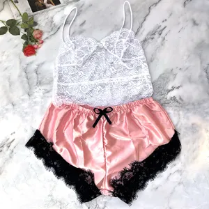 Damen sexy Lingerie Set weiße Spitze Camisole rosa Satin Shorts Pyjama Nachtwäsche Set