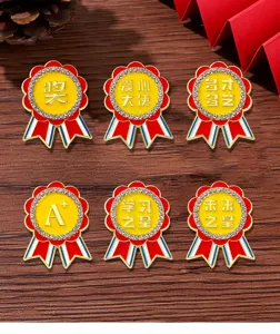 Set of 6 rhinestone medal brooches, creative alloy student reward badge for backpack decor.
