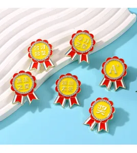Detail shot of creative enamel rhinestone award ribbon lapel pins for student backpacks and clothes.