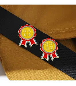 Enamel rhinestone medal brooch detail, alloy badge pin with ribbons for bag decoration.