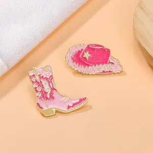 Set spilla cappello e stivale da cowboy rosa, grazioso distintivo in metallo per vestiti e borse.