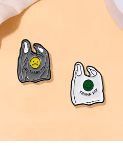 Cute plastic bag enamel pin detail, funny smile face brooch badge for clothing and backpack.