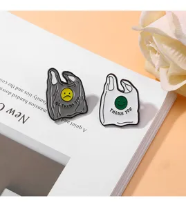 Cute cartoon plastic bag smiling face enamel pin set, creative alloy badge for bag clothes.