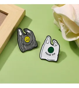 Close-up detail of creative plastic bag smiley face alloy brooch pins, perfect for bag decoration.