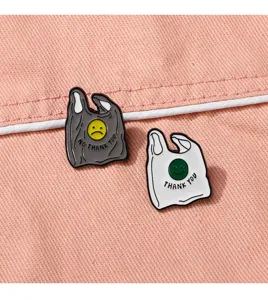 Cartoon plastic bag smiley face brooch set, creative enamel pin badge for backpacks and clothing.