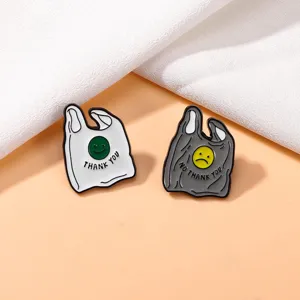 Cartoon Plastic Bag Smiley Face Brooch Pin Creative Alloy Enamel Badge Funny Thank You Letter Backpack Clothes Decoration Brooch For Unisex
