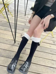 Women autumn winter fleece cuff knee high cable knit socks warm black slouch socks