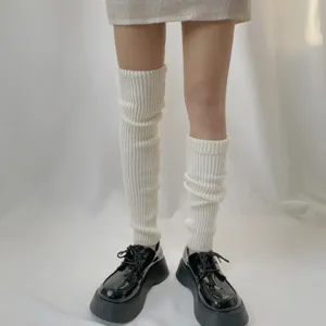 Close-up detail of white ribbed knitted leg warmers, comfortable winter thermal slouch socks.