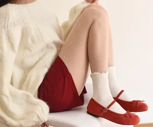 Winter fleece-lined fake sheer tights with cute heart jacquard pattern and soft warm fabric.