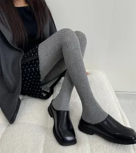 Grey ribbed tights for women autumn winter warm elastic slimming pantyhose daily wear.