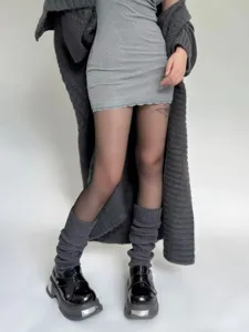 Autumn winter classic grey knit leg warmers cozy stacked socks for stylish warm daily outfits.