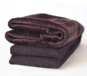 Close-up detail shot of thick fleece-lined winter thermal leggings, soft plush texture.