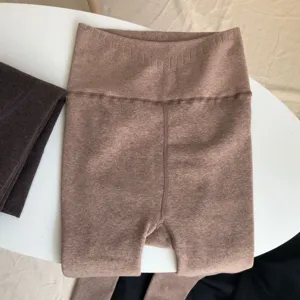 Thick fleece-lined high waist thermal leggings in oatmeal color for autumn and winter warmth.